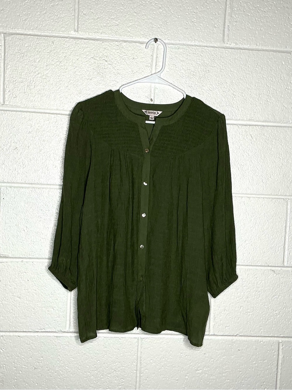 < Nanette Lepore Olive Green Smocked Button Down Blouse >